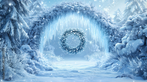 Stunning snowy arch formation with icy icicles hanging from the top and a beautiful evergreen wreath in the center creating a breathtaking holiday and winter themed. Arctic Arch. Illustration photo