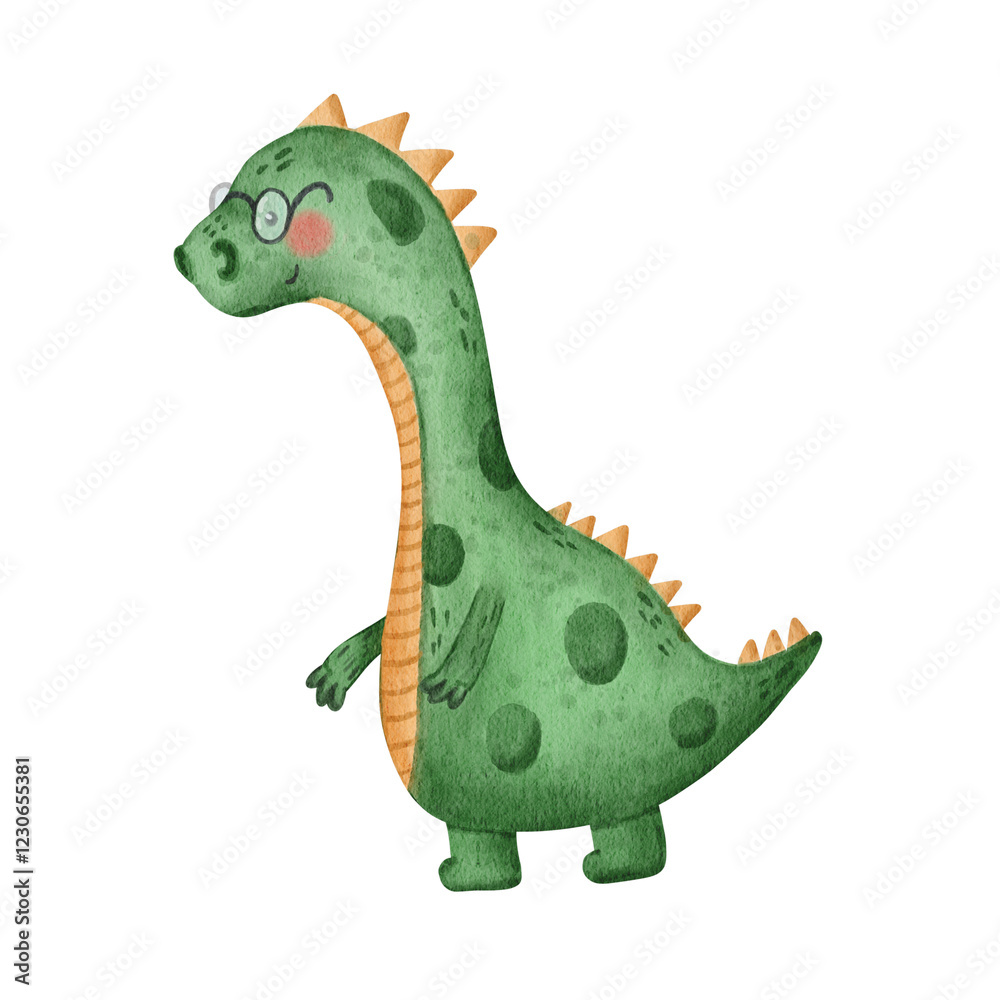 Fototapeta premium Cute green dino in the glasses,isolated sticker, dino clipart, dinosaur print, single element on the white background, digital watercolor, kids print, boy design