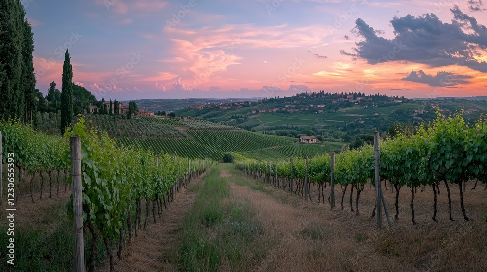 Fototapeta premium Breathtaking views of the beautiful evening landscapes of the Tuscany region, vineyards and rolling hills