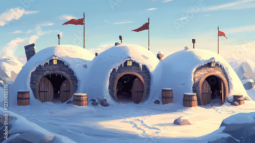 Three stylized snow-covered buildings with arched entrances, barrels, and flags. Arctic Arch. Illustration photo