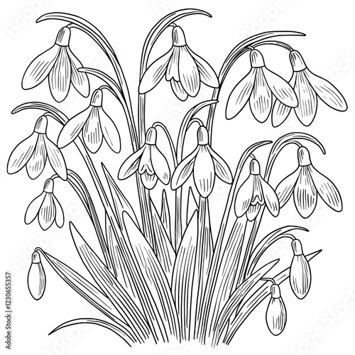 Snowdrops hand drawn illustration line art engraving isolated on white background