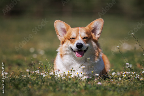Beautiful red and white welsh corgi pembroke lying in a field