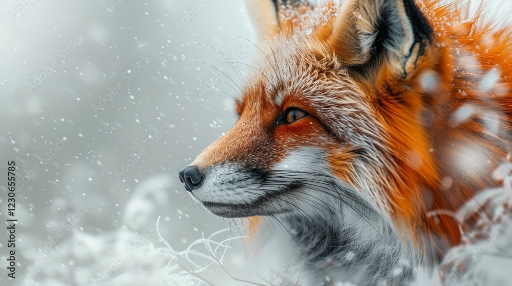 Obraz premium A fox is standing in the snow with its nose in the air