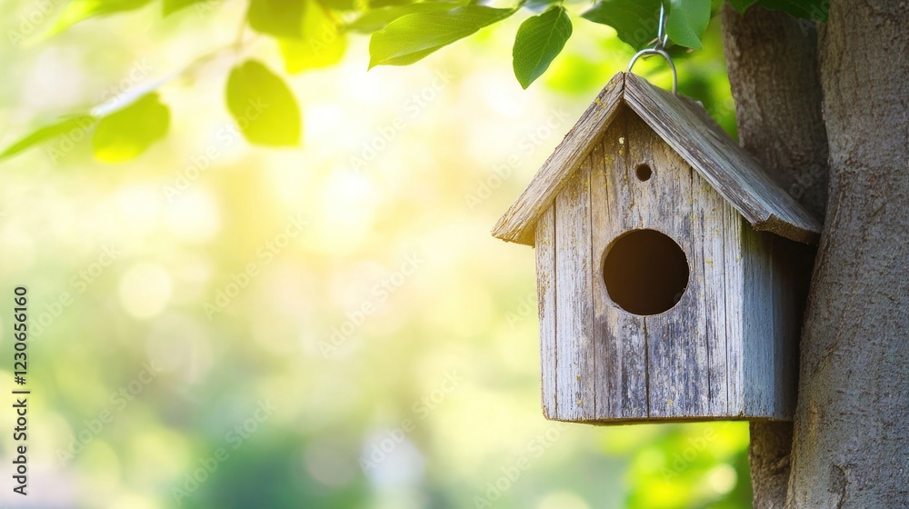 Weathered Wooden Birdhouse Hanging On Tree Weathered Wooden Birdhouse Hanging On Tree
