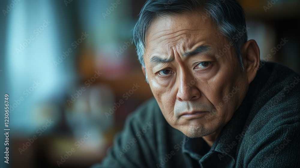 Elderly Asian man with a scowl, simple high-focus background in soft colors Elderly Asian man with a scowl, simple high-focus background in soft colors