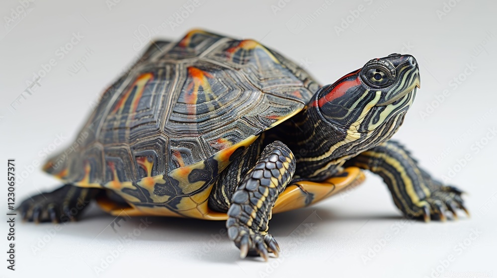 A small turtle is standing on a white background A small turtle is standing on a white background