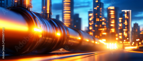 A close-up view of a slick pipeline reflecting city lights, symbolizing urban energy and modern industry. photo