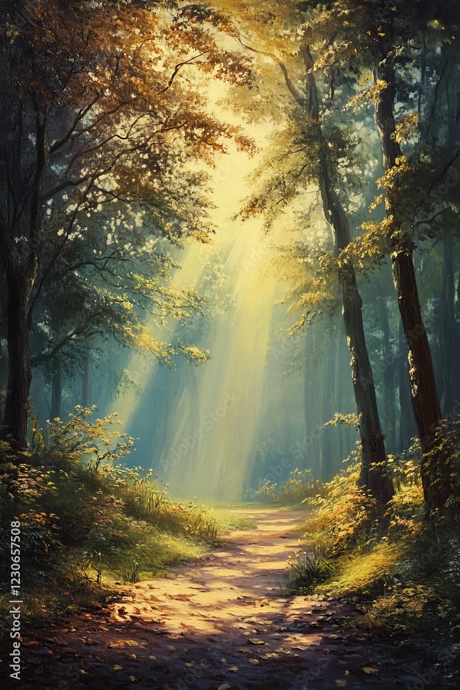 Obraz premium Sunlight filters through a dense forest, illuminating a serene path surrounded by lush foliage and towering trees.
