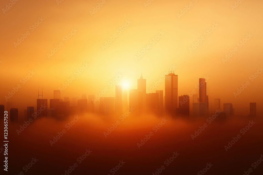 Sunrise over a city skyline shrouded in mist showcasing silhouettes of buildings Sunrise over a city skyline shrouded in mist showcasing silhouettes of buildings