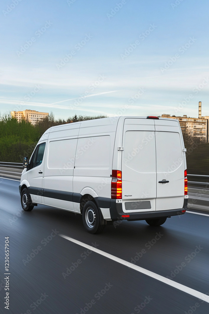 Delivery van driving on a highway during daylight Delivery van driving on a highway during daylight