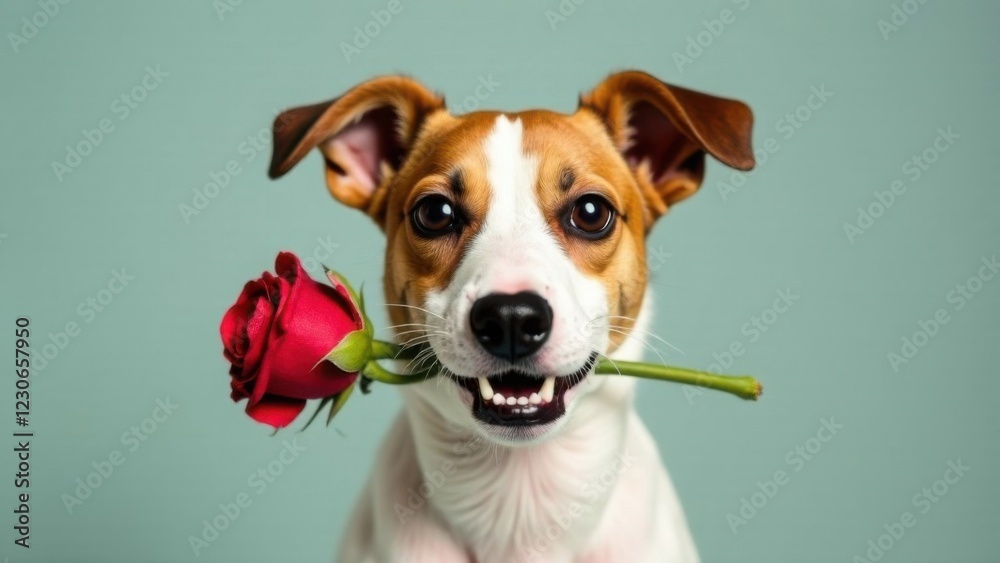 Jack Russell Terrier dog holding a rose in his teeth on a plain background Jack Russell Terrier dog holding a rose in his teeth on a plain background