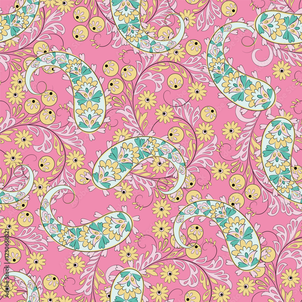 Fototapeta premium Seamless pattern based on traditional Asian elements Paisley. Traditional colorful seamless paisley vector pattern. Pattern for textile design or fabrics. Fashionable delicate design