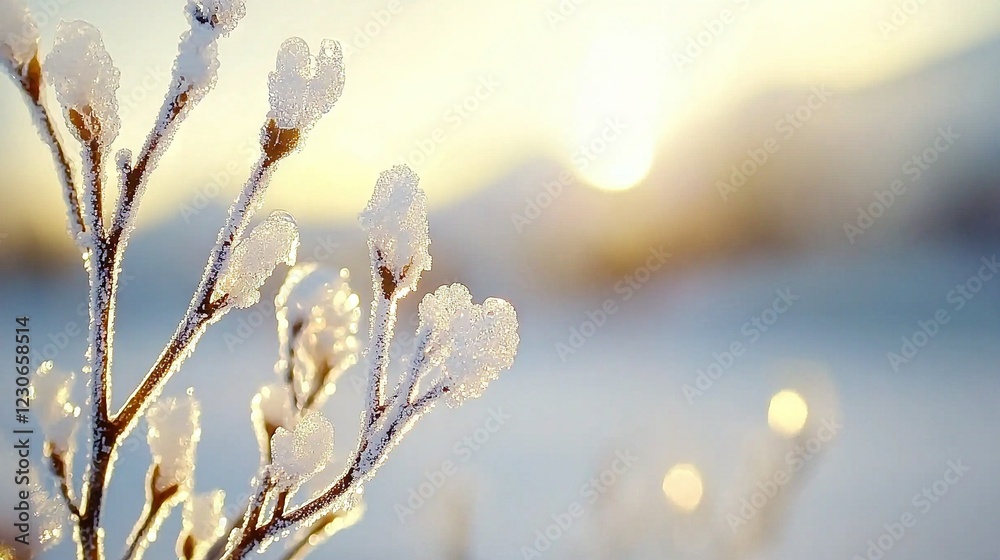 A snow-covered plant with sunlight in the background and water beyond A snow-covered plant with sunlight in the background and water beyond