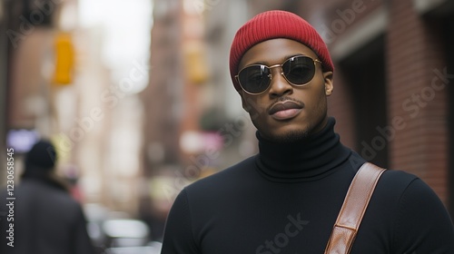 A fashionable man wearing a black leather jacket, turtleneck, and red beanie poses confidently in an urban setting with tall buildings.