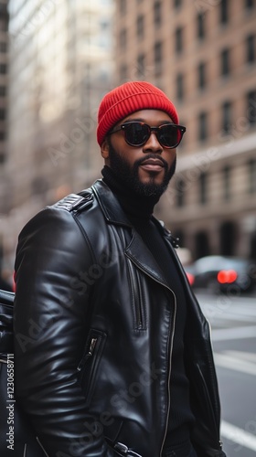A fashionable man wearing a black leather jacket, turtleneck, and red beanie poses confidently in an urban setting with tall buildings.