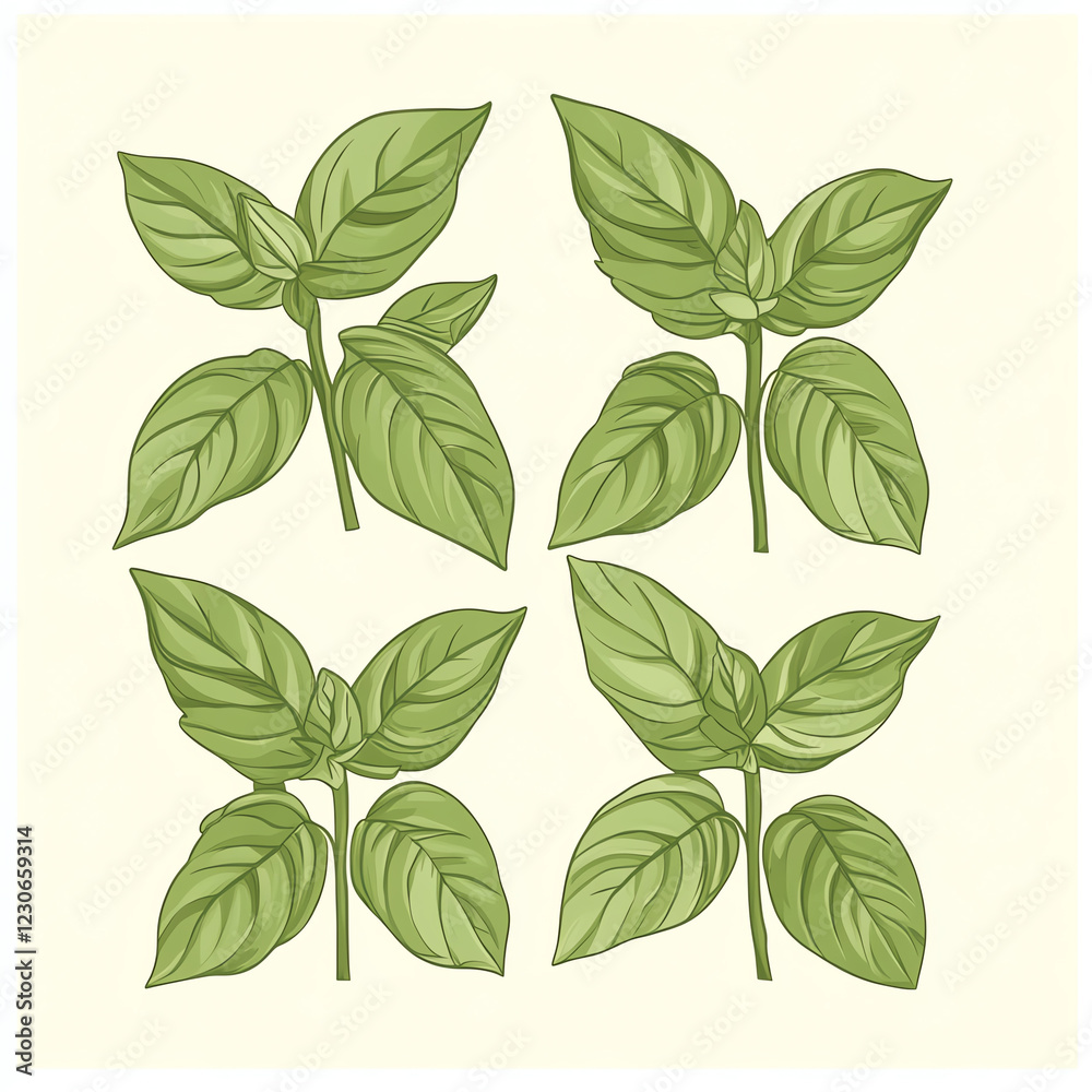 A collection of fresh basil leaves arranged aesthetically on a light background, perfect for culinary and botanical themes. A collection of fresh basil leaves arranged aesthetically on a light background, perfect for culinary and botanical themes.