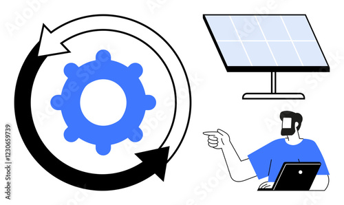 Gear with circular arrows representing efficiency, solar panel symbolizing renewable energy source, person with laptop indicating management. Ideal for sustainability, green tech, eco-friendly