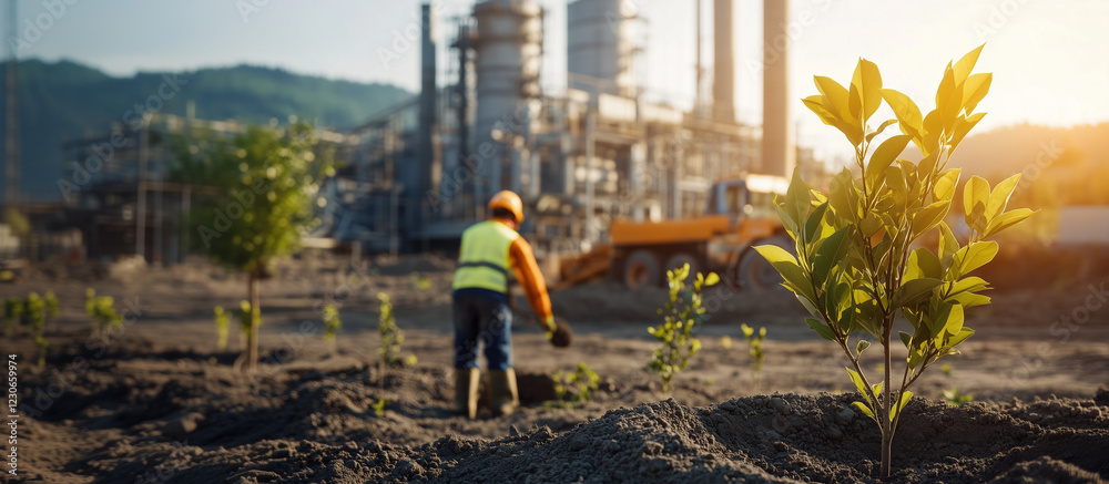 Construction worker with purposeful mood planting trees on industrial site during Earth Day Construction worker with purposeful mood planting trees on industrial site during Earth Day