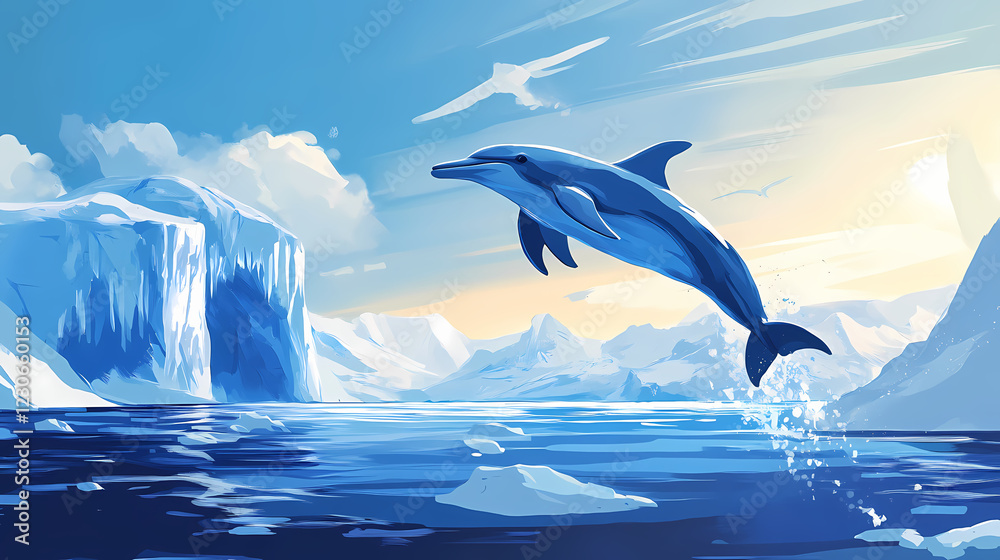 Fototapeta premium Dolphin leaping in minimalist arctic landscape with icy structures. Arctic Arch. Illustration