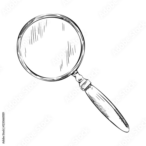 Vector line illustration of magnifying glass. Hand drawing of magnifier lens. Monochrome Outline graphics vintage loupe for icon or logo. Engraving of the search icon