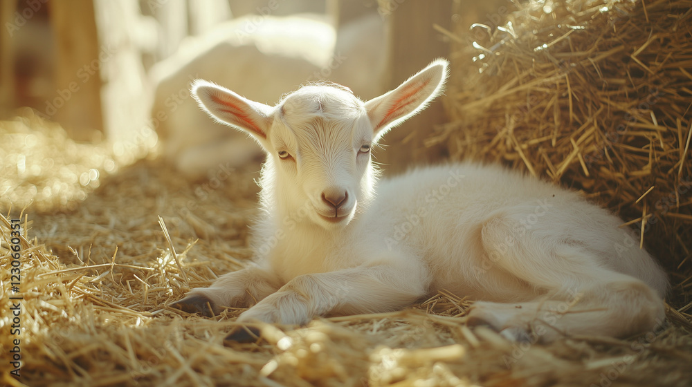Fototapeta premium Baby goat resting on straw in warm sunlight