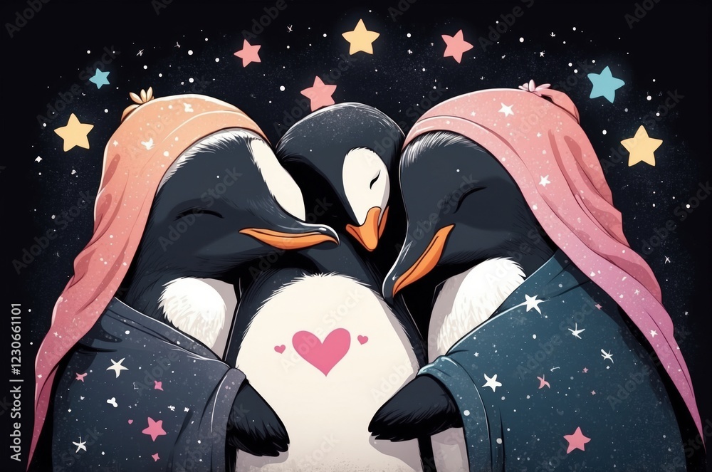 Obraz premium Colorful illustration of a cute adorable sleeping animals with blanket, night sky, stars and black background, nursery decor and nature theme concept texture design. 
