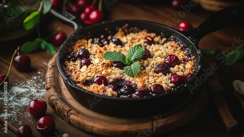 Freshly baked cherry crumble in a cast iron skillet with golden-brown topping, garnished with mint, set on a rustic wooden table with scattered cherries and baking ingredients. photo