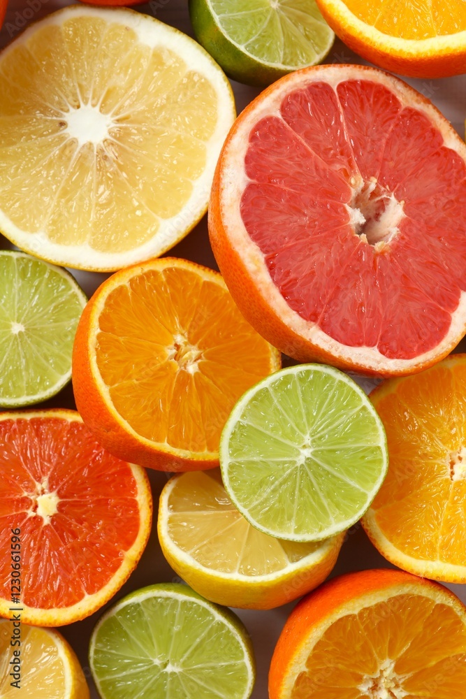 Obraz premium Various citrus fruits as a background, top view.