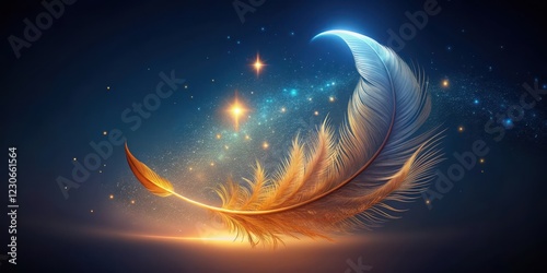 Ember feather glowing softly on a dark blue background with subtle stars and a crescent moon , dark blue background, crescent moon photo