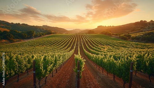 Wallpaper Mural Vineyard at sunset, rows of grapevines on hillside. Torontodigital.ca