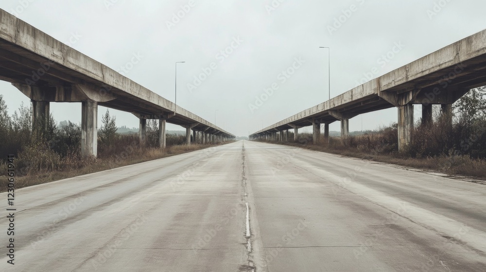 Empty highway disappearing into the fog under a grey elevated roadway. Empty highway disappearing into the fog under a grey elevated roadway.