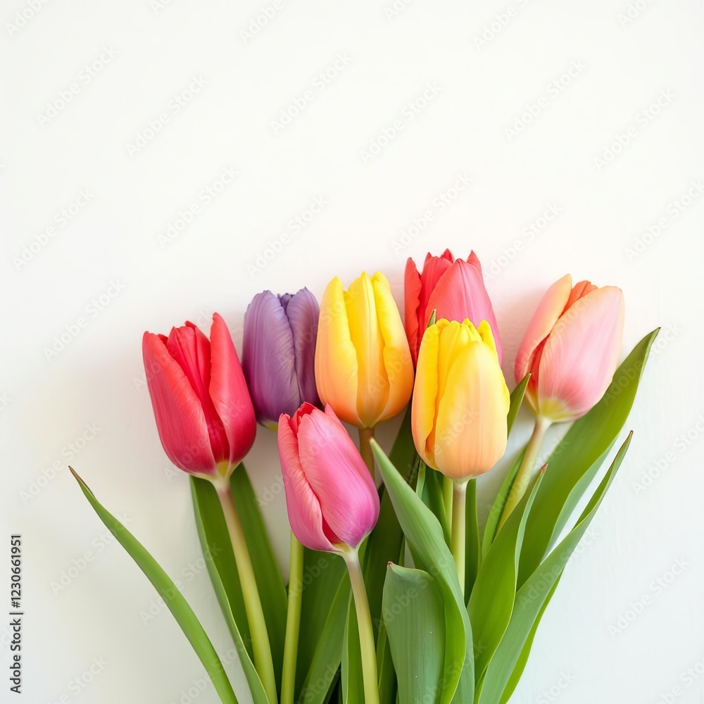 Bouquet of colorful tulip flowers, white wall, space for text, copy space Bouquet of colorful tulip flowers, white wall, space for text, copy space