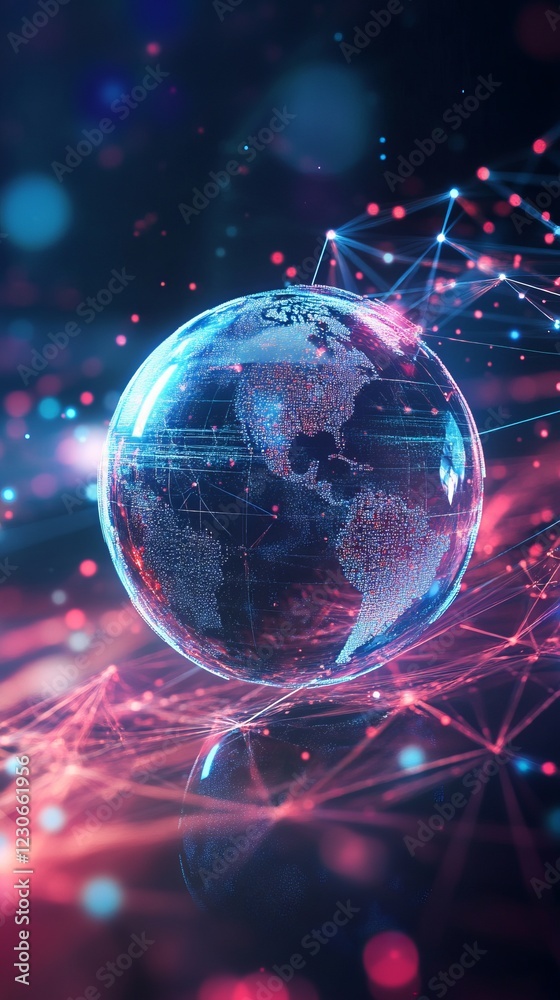 A globe is shown in a blue and red background. The globe is surrounded by a network of lines A globe is shown in a blue and red background. The globe is surrounded by a network of lines