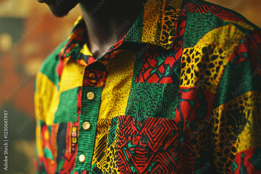 Obraz premium Close-up of a person wearing a colorful patchwork shirt with intricate patterns