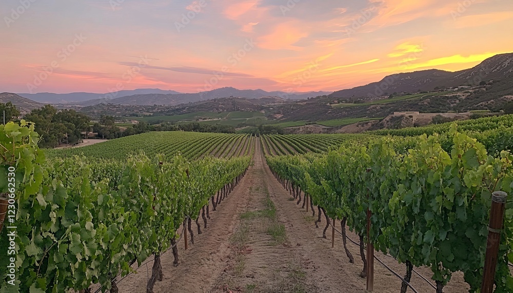 Naklejka premium Sunset over vineyard rows in valley.
