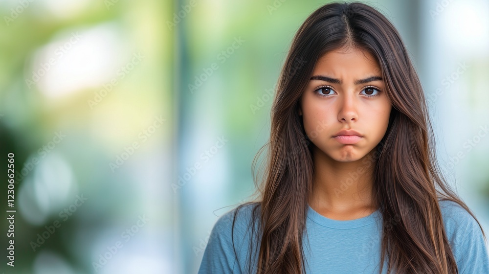 Teenage Hispanic female with an annoyed expression, plain blurred background Teenage Hispanic female with an annoyed expression, plain blurred background