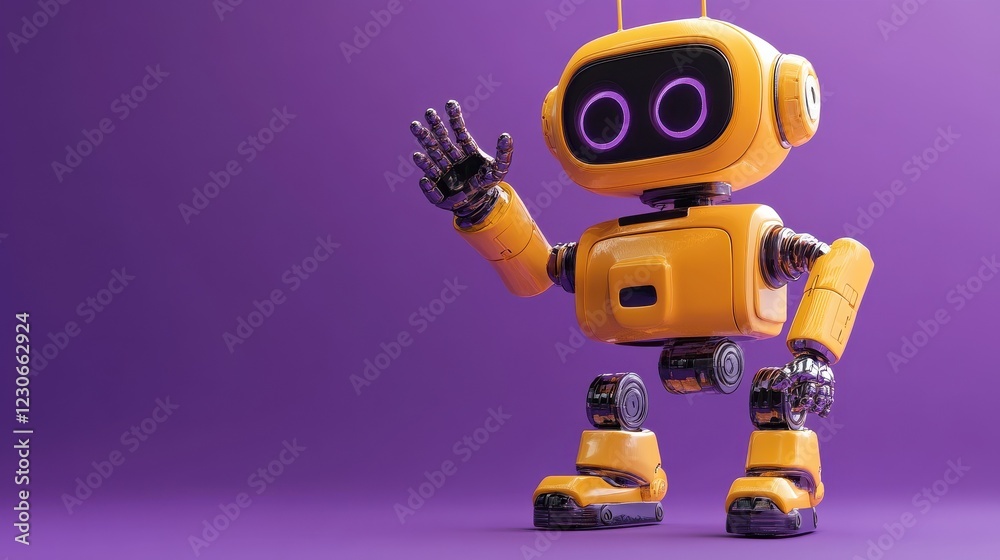 Naklejka premium 3D robot in purple background with hand up, expressing hello or support. Friendly chatbot renders for technology and robotic toy concepts.