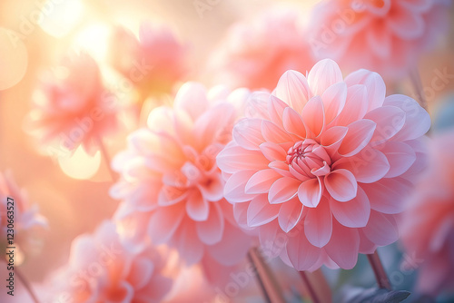 Ethereal Pastel Background of Blooming Dahlias and Peonies in Soft Focus and Dreamy Light. Generative AI