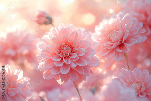 Dreamy Pastel Floral Design Featuring Dahlias and Peonies with Soft Focus and Ethereal Sunlight. Generative AI
