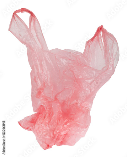 Red crumpled cellophane bag isolated on white background.