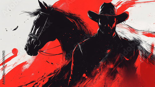 Stylized Western-themed poster featuring a cowboy on horseback blended with a dramatic portrait in red and black tones, evoking adventure, classic Western storytelling, and rugged frontier spirit