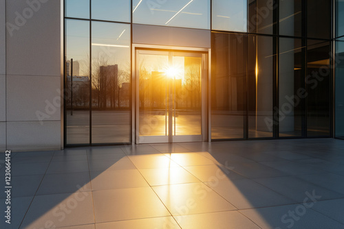 Sunrise shines through glass doors in modern building courtyard during early morning photo