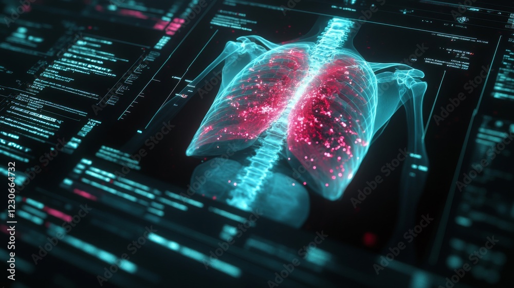 Obraz premium Human Lungs Digital Scan Red Blue Glowing Particles Dark Background