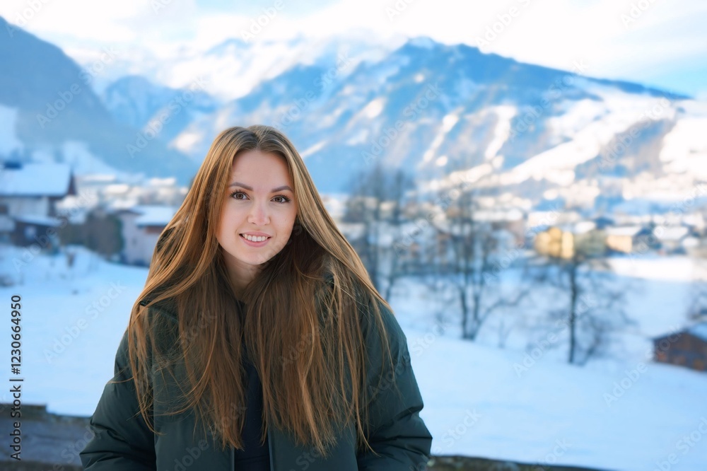 Woman at ski resort
A woman in a winter jacket and sunglasses stands in front of snowy mountains and pine trees, enjoying the view of a ski resort. Snowy peaks and clear sky create a peaceful atmosphe Woman at ski resort
A woman in a winter jacket and sunglasses stands in front of snowy mountains and pine trees, enjoying the view of a ski resort. Snowy peaks and clear sky create a peaceful atmosphe
