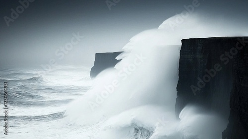   A monochrome image of a massive wave colliding with the edge of coastal cliffs amidst a misty seascape