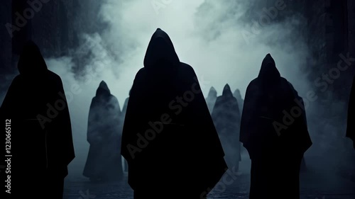 silhouettes of hooded cloaks peoples in cult robes, unrecognizable people, mysterious stranger,secret sect.immersive spooky Halloween, captivating, mysterious atmosphere, cloudy mist fog.Generative Ai
