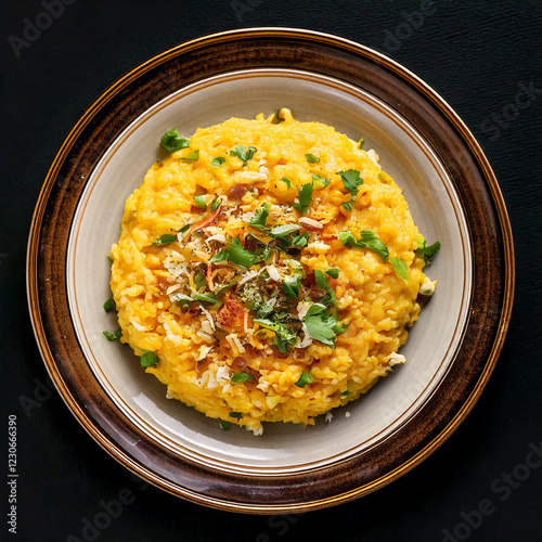 Indian upma porridge dish on a plate. Isolated on dark background. photo