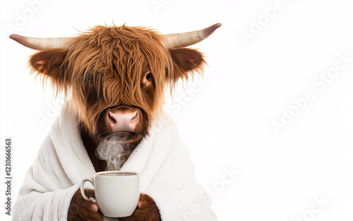 Highland cow in a bathrobe holding a cup of hot beverage, against a clean white background, combining rustic charm with humor and a cozy morning vibe photo