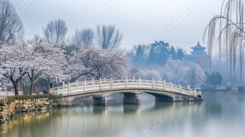 A tranquil spring scene featuring cherry blossom trees in full bloom, a scenic bridge, and a peaceful pathway surrounded by nature.