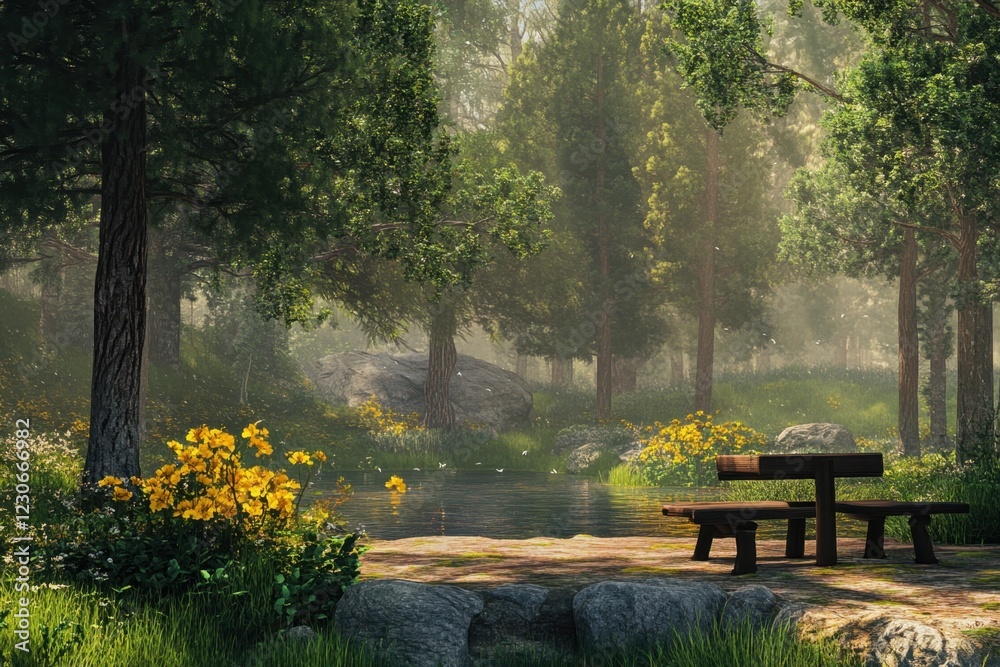 Naklejka premium Calm waters reflect vibrant flowers in a serene forest setting during golden hour
